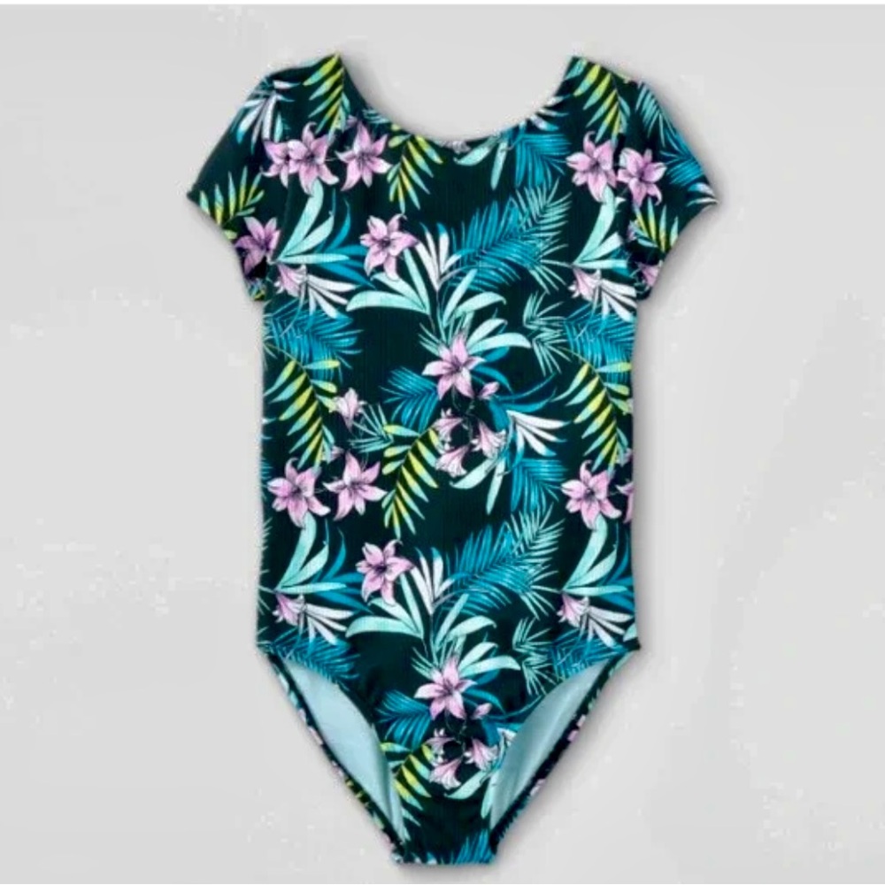 Girl’s tropical print open back short sleeve one piece Swimsuit Art Class M 7/8